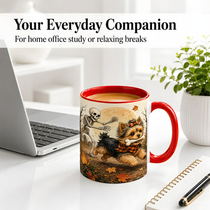#pl[11oz|Red] Autumn Moon Yorkie Chase Ceramic Mug, Skeleton Art for Dog Lovers