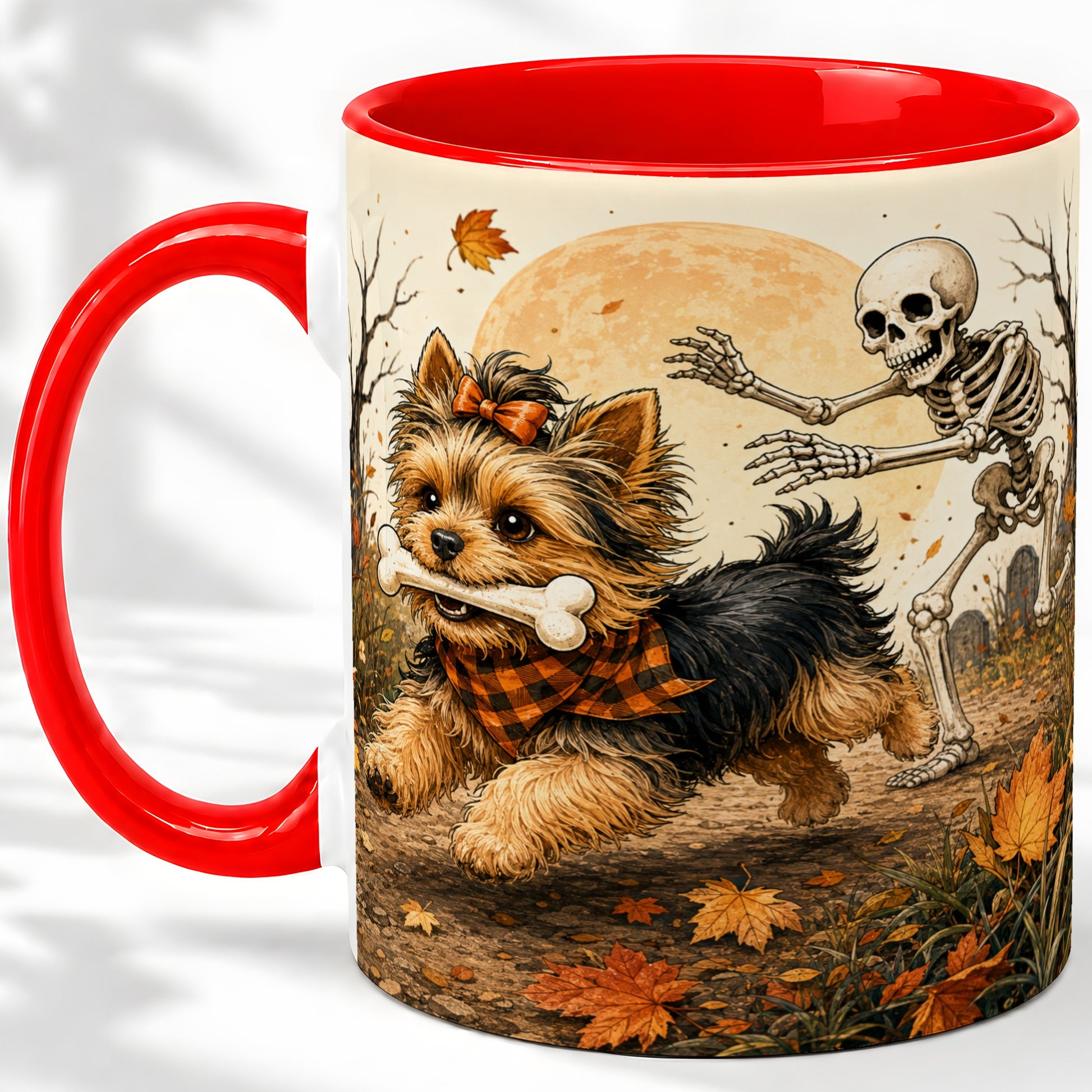 Autumn Moon Yorkie Chase Ceramic Mug, Skeleton Art for Dog Lovers