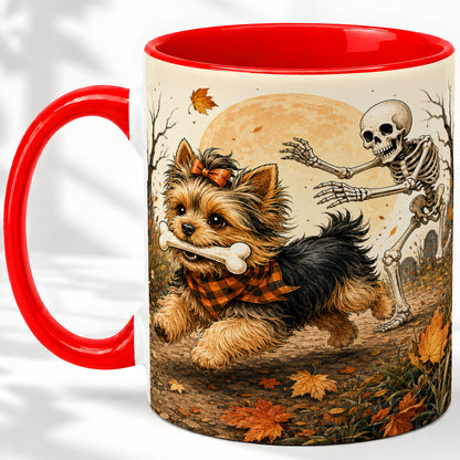 Autumn Moon Yorkie Chase Ceramic Mug, Skeleton Art for Dog Lovers