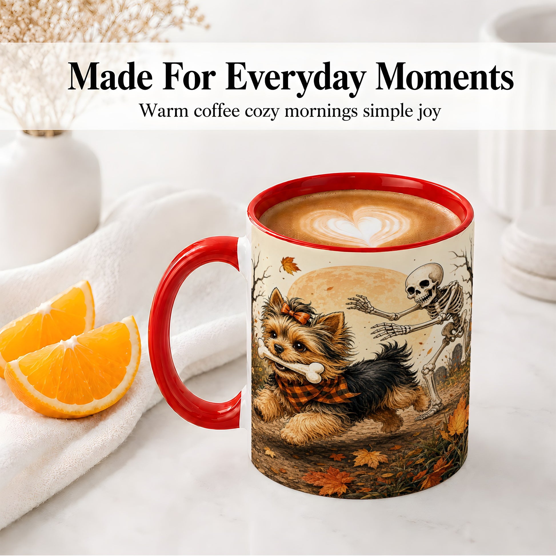 #pl[11oz|Red] Autumn Moon Yorkie Chase Ceramic Mug, Skeleton Art for Dog Lovers