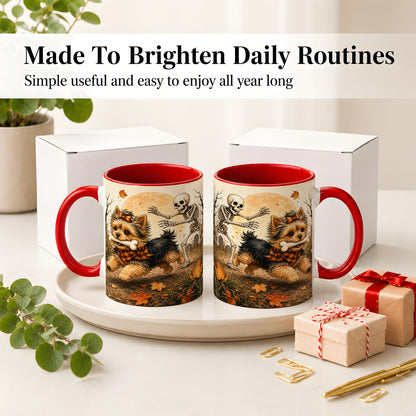 #pl[11oz|Red] Autumn Moon Yorkie Chase Ceramic Mug, Skeleton Art for Dog Lovers