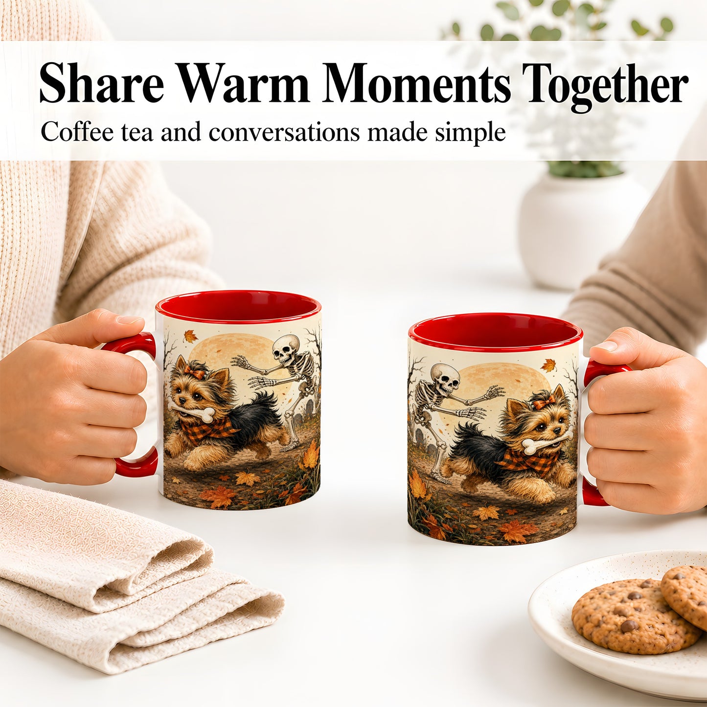 #pl[11oz|Red] Autumn Moon Yorkie Chase Ceramic Mug, Skeleton Art for Dog Lovers