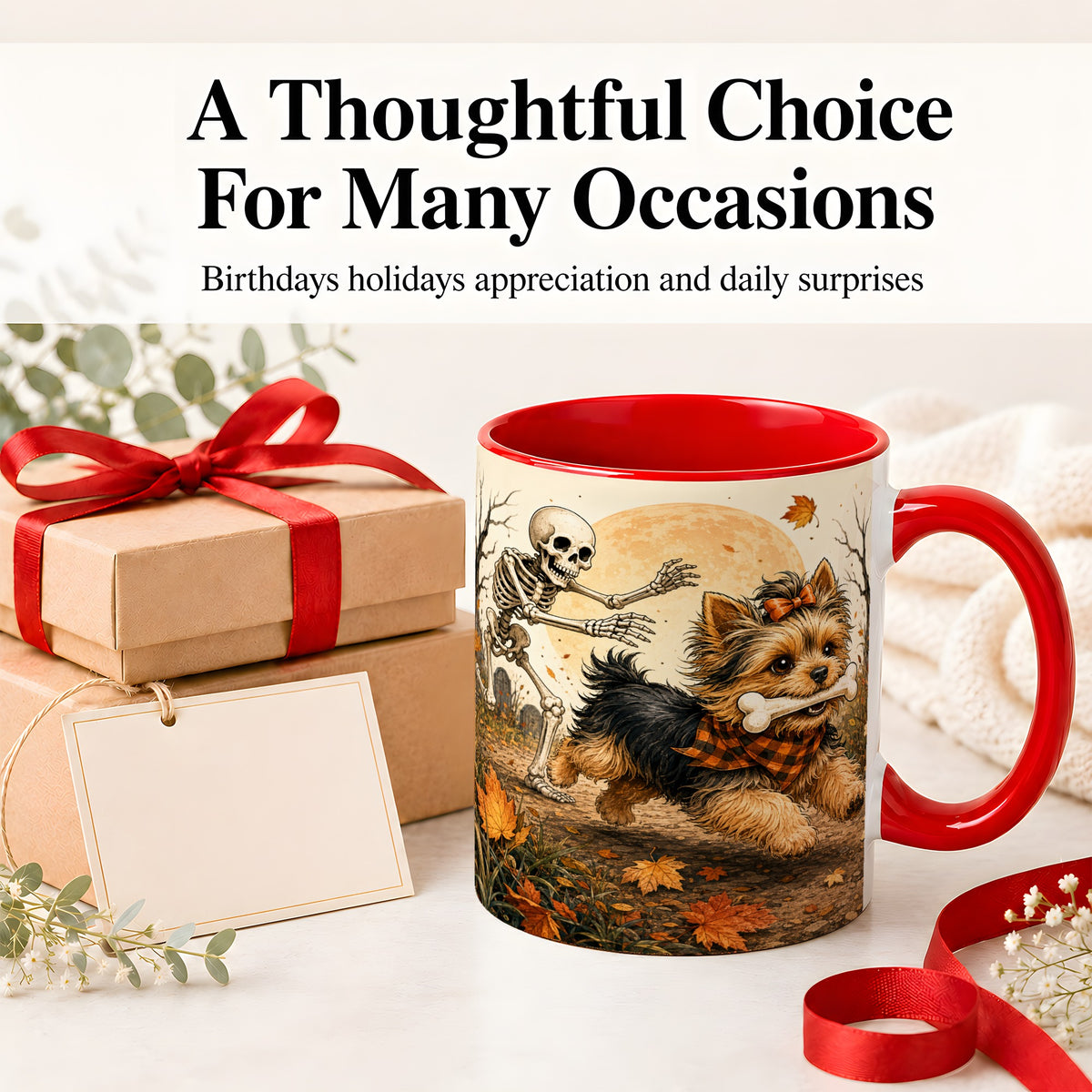 #pl[11oz|Red] Autumn Moon Yorkie Chase Ceramic Mug, Skeleton Art for Dog Lovers