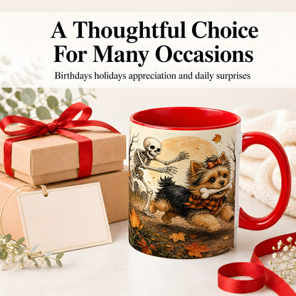 #pl[11oz|Red] Autumn Moon Yorkie Chase Ceramic Mug, Skeleton Art for Dog Lovers