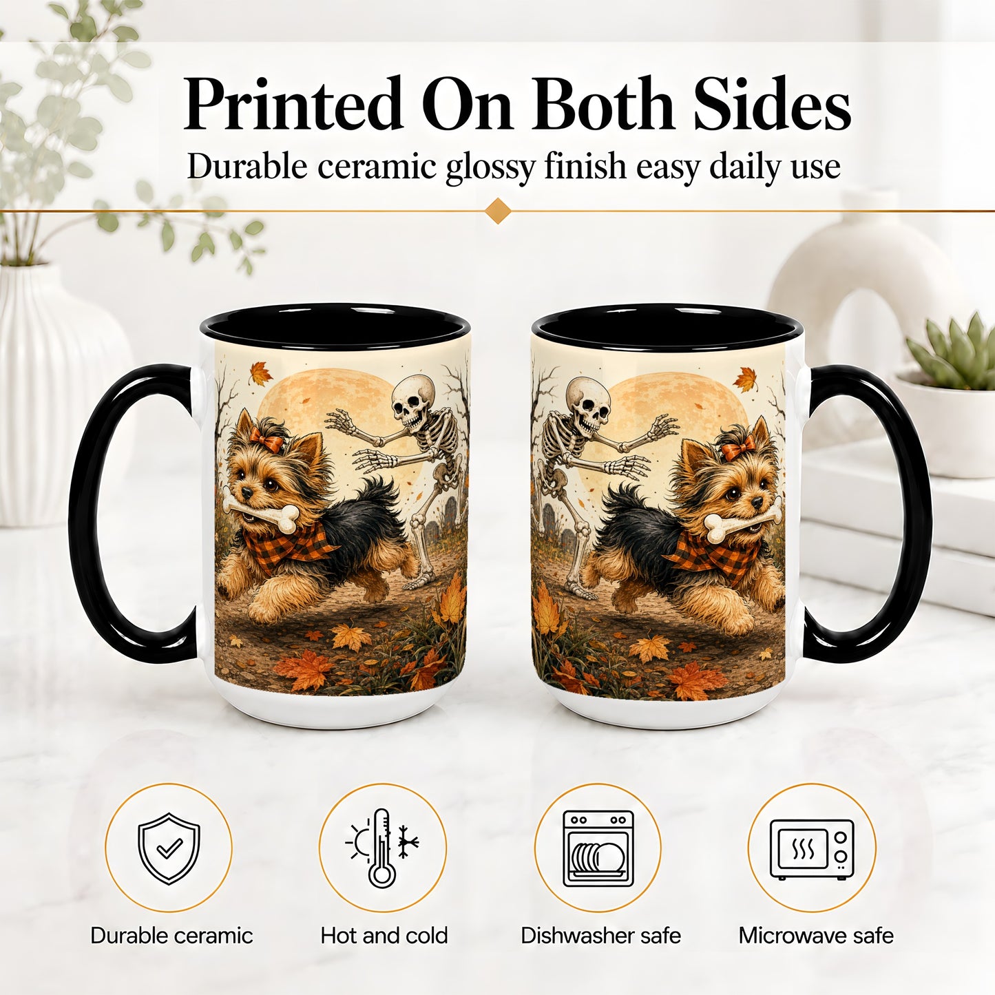 #pl[15oz|Black] Autumn Moon Yorkie Chase Ceramic Mug, Skeleton Art for Dog Lovers