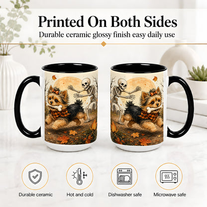 #pl[15oz|Black] Autumn Moon Yorkie Chase Ceramic Mug, Skeleton Art for Dog Lovers