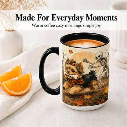#pl[15oz|Black] Autumn Moon Yorkie Chase Ceramic Mug, Skeleton Art for Dog Lovers