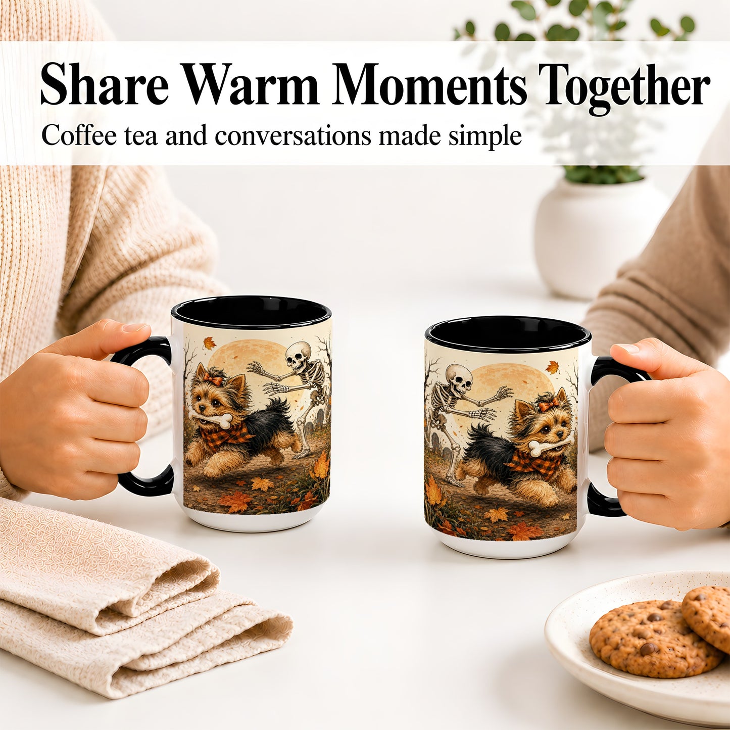 #pl[15oz|Black] Autumn Moon Yorkie Chase Ceramic Mug, Skeleton Art for Dog Lovers