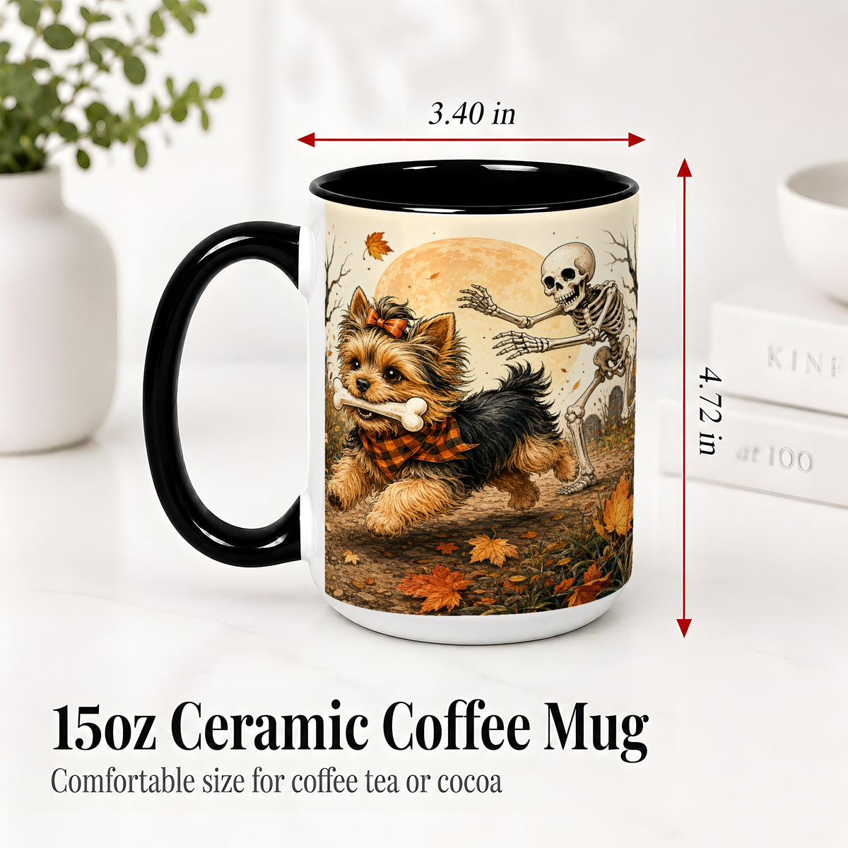 #pl[15oz|Black] Autumn Moon Yorkie Chase Ceramic Mug, Skeleton Art for Dog Lovers