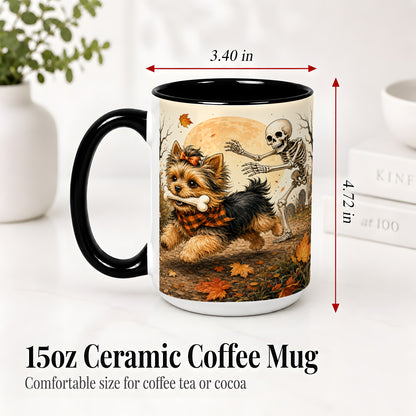 #pl[15oz|Black] Autumn Moon Yorkie Chase Ceramic Mug, Skeleton Art for Dog Lovers