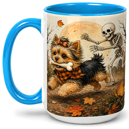#pl[15oz|Blue] Autumn Moon Yorkie Chase Ceramic Mug, Skeleton Art for Dog Lovers