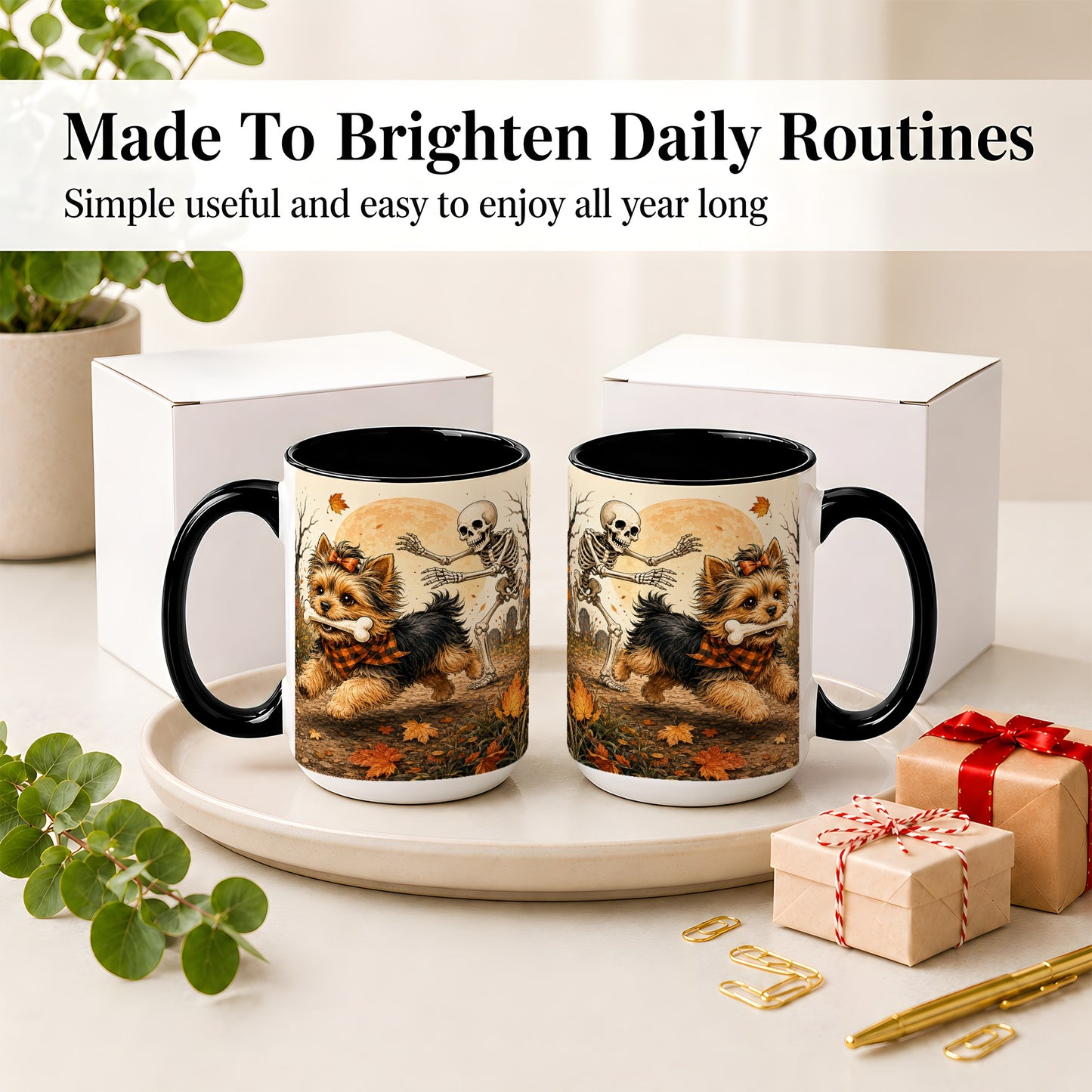 #pl[15oz|Black] Autumn Moon Yorkie Chase Ceramic Mug, Skeleton Art for Dog Lovers