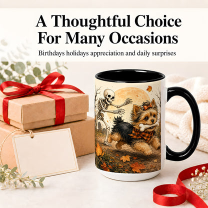 #pl[15oz|Black] Autumn Moon Yorkie Chase Ceramic Mug, Skeleton Art for Dog Lovers