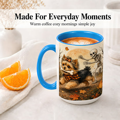 #pl[15oz|Blue] Autumn Moon Yorkie Chase Ceramic Mug, Skeleton Art for Dog Lovers