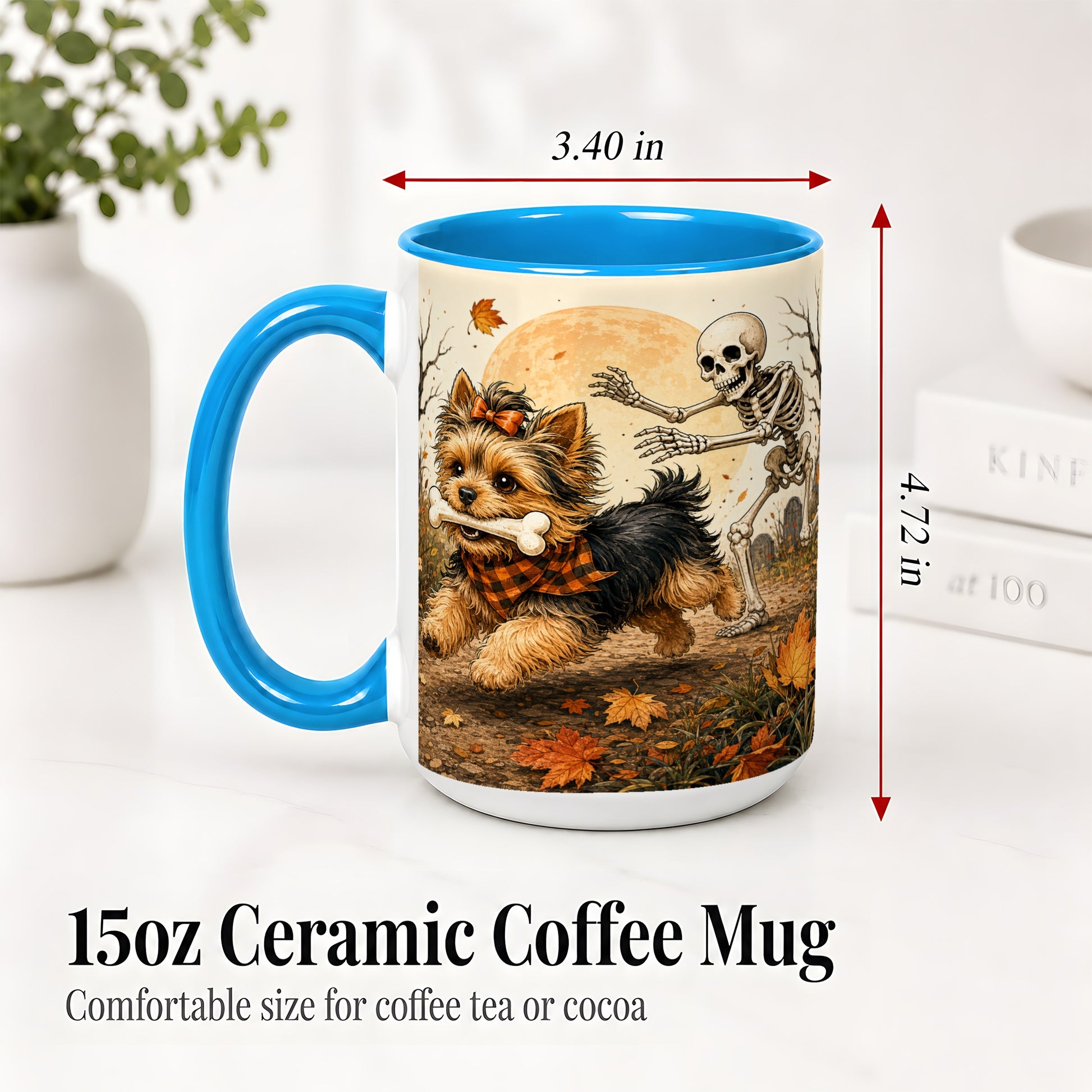 #pl[15oz|Blue] Autumn Moon Yorkie Chase Ceramic Mug, Skeleton Art for Dog Lovers
