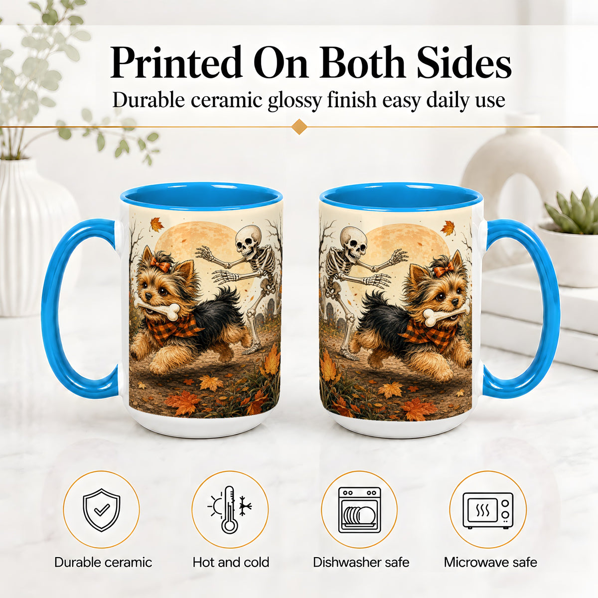 #pl[15oz|Blue] Autumn Moon Yorkie Chase Ceramic Mug, Skeleton Art for Dog Lovers