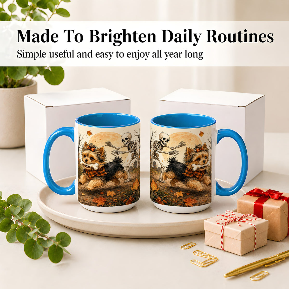 #pl[15oz|Blue] Autumn Moon Yorkie Chase Ceramic Mug, Skeleton Art for Dog Lovers