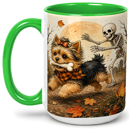 #pl[15oz|Green] Autumn Moon Yorkie Chase Ceramic Mug, Skeleton Art for Dog Lovers