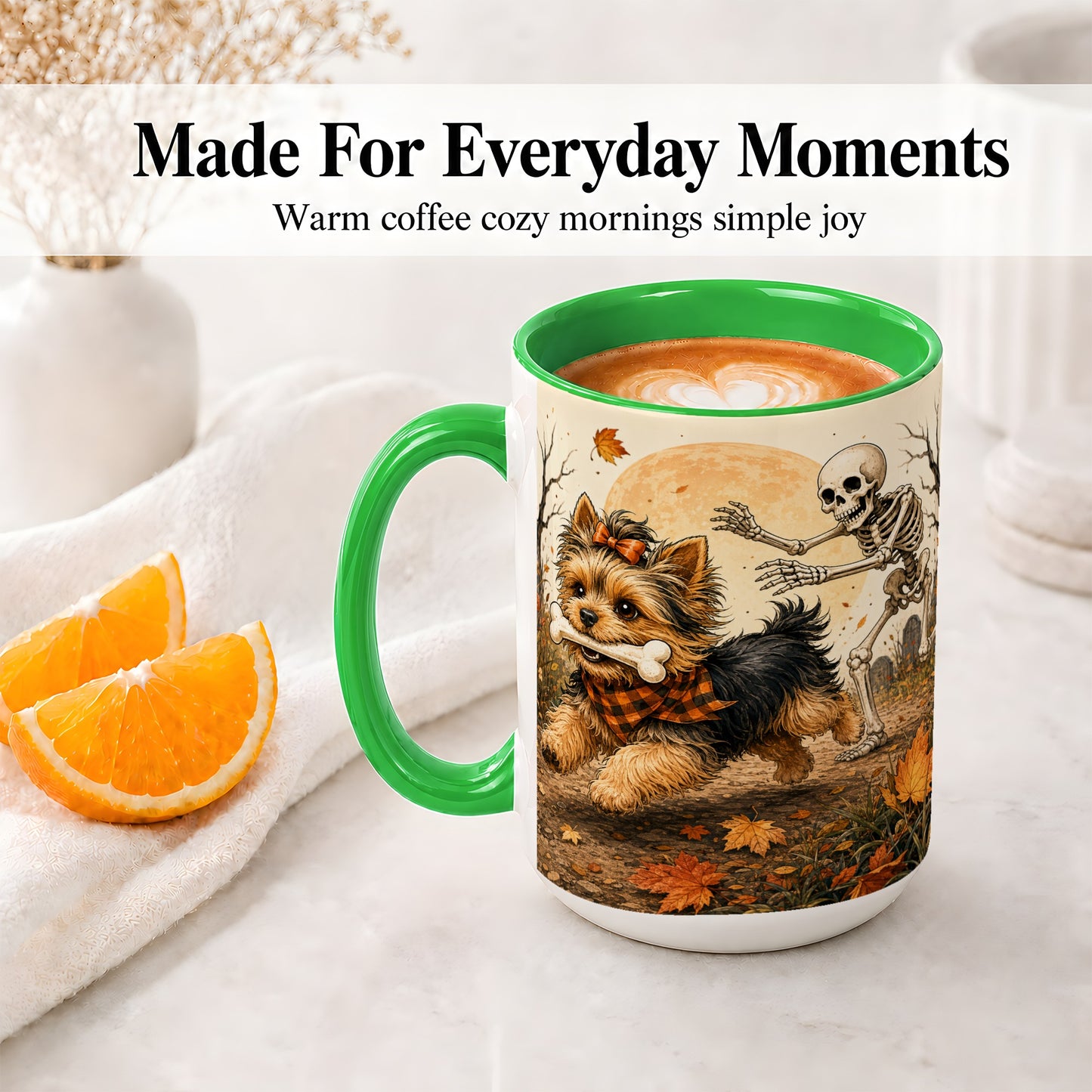 #pl[15oz|Green] Autumn Moon Yorkie Chase Ceramic Mug, Skeleton Art for Dog Lovers