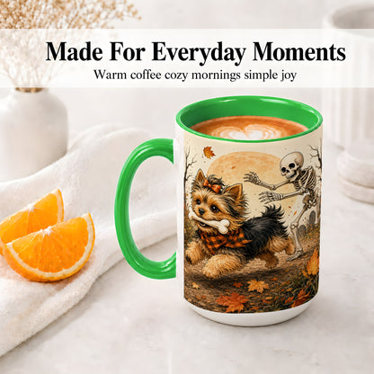 #pl[15oz|Green] Autumn Moon Yorkie Chase Ceramic Mug, Skeleton Art for Dog Lovers