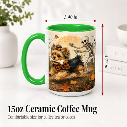 #pl[15oz|Green] Autumn Moon Yorkie Chase Ceramic Mug, Skeleton Art for Dog Lovers