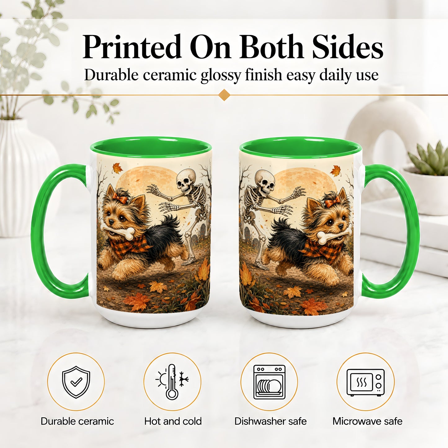 #pl[15oz|Green] Autumn Moon Yorkie Chase Ceramic Mug, Skeleton Art for Dog Lovers