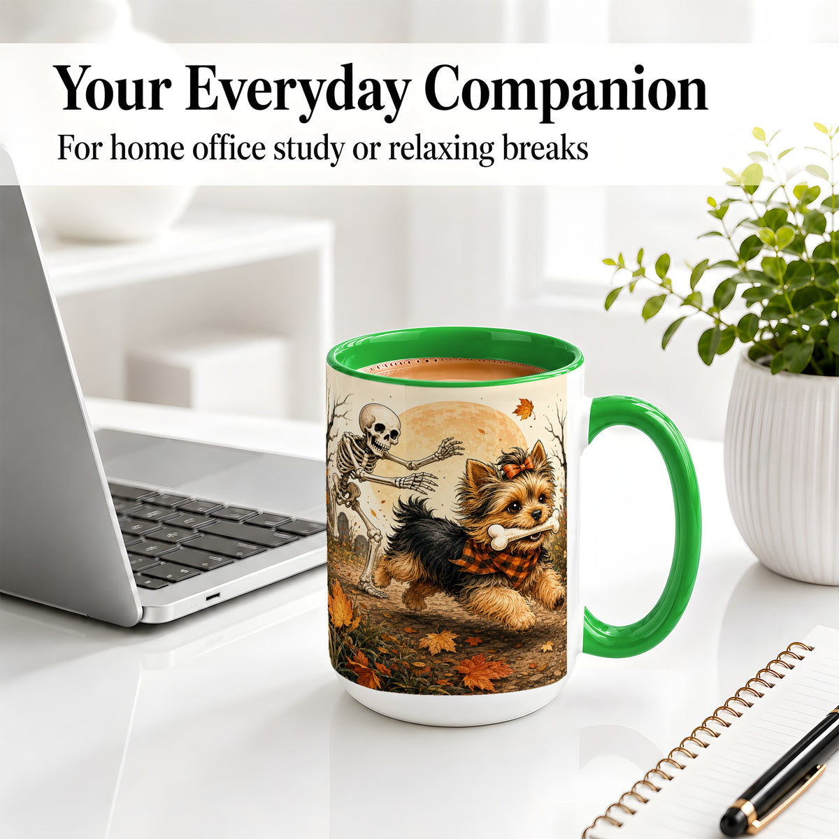 #pl[15oz|Green] Autumn Moon Yorkie Chase Ceramic Mug, Skeleton Art for Dog Lovers