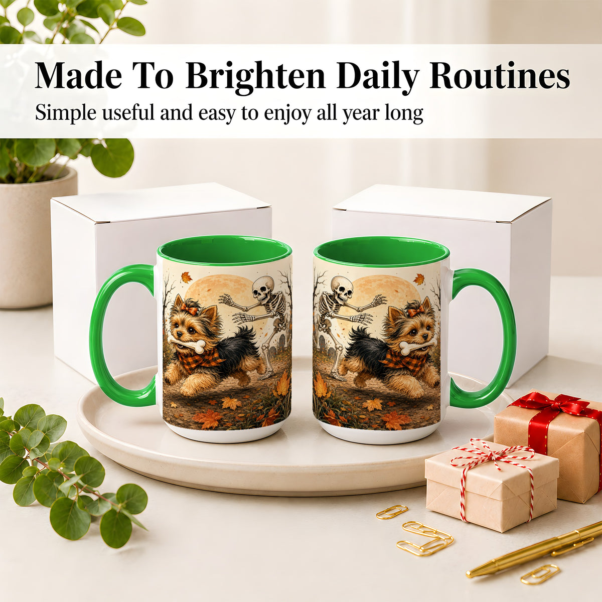 #pl[15oz|Green] Autumn Moon Yorkie Chase Ceramic Mug, Skeleton Art for Dog Lovers