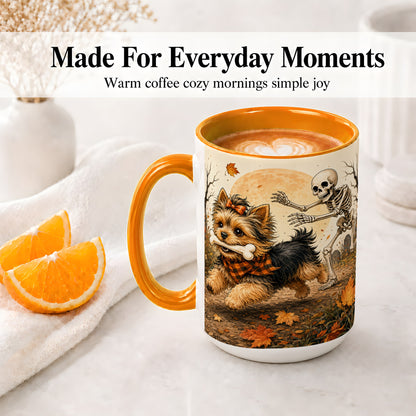 #pl[15oz|Orange] Autumn Moon Yorkie Chase Ceramic Mug, Skeleton Art for Dog Lovers