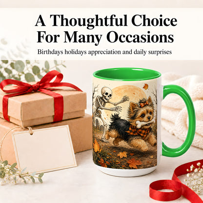 #pl[15oz|Green] Autumn Moon Yorkie Chase Ceramic Mug, Skeleton Art for Dog Lovers