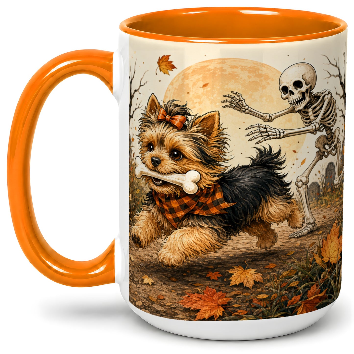 #pl[15oz|Orange] Autumn Moon Yorkie Chase Ceramic Mug, Skeleton Art for Dog Lovers