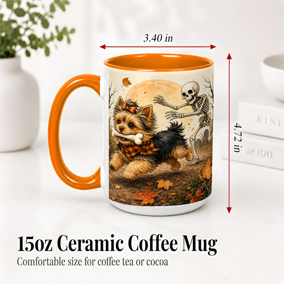 #pl[15oz|Orange] Autumn Moon Yorkie Chase Ceramic Mug, Skeleton Art for Dog Lovers