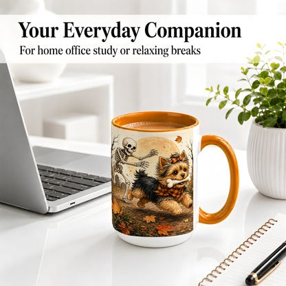 #pl[15oz|Orange] Autumn Moon Yorkie Chase Ceramic Mug, Skeleton Art for Dog Lovers