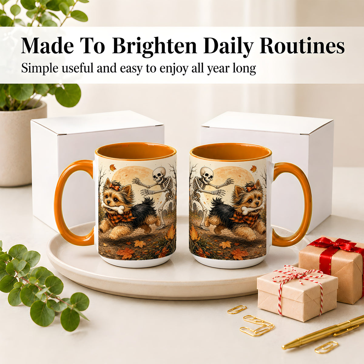 #pl[15oz|Orange] Autumn Moon Yorkie Chase Ceramic Mug, Skeleton Art for Dog Lovers