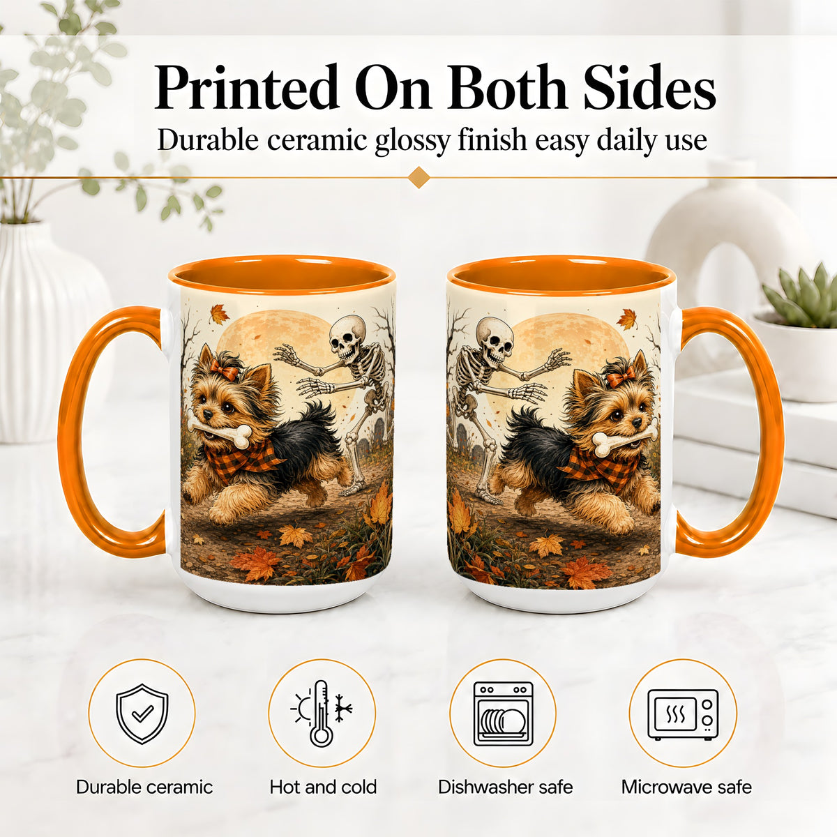 #pl[15oz|Orange] Autumn Moon Yorkie Chase Ceramic Mug, Skeleton Art for Dog Lovers
