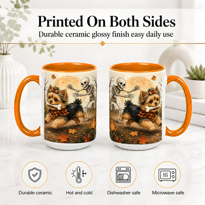 #pl[15oz|Orange] Autumn Moon Yorkie Chase Ceramic Mug, Skeleton Art for Dog Lovers