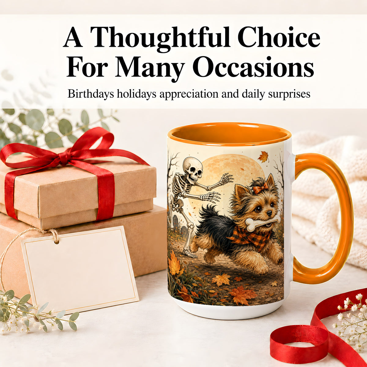 #pl[15oz|Orange] Autumn Moon Yorkie Chase Ceramic Mug, Skeleton Art for Dog Lovers
