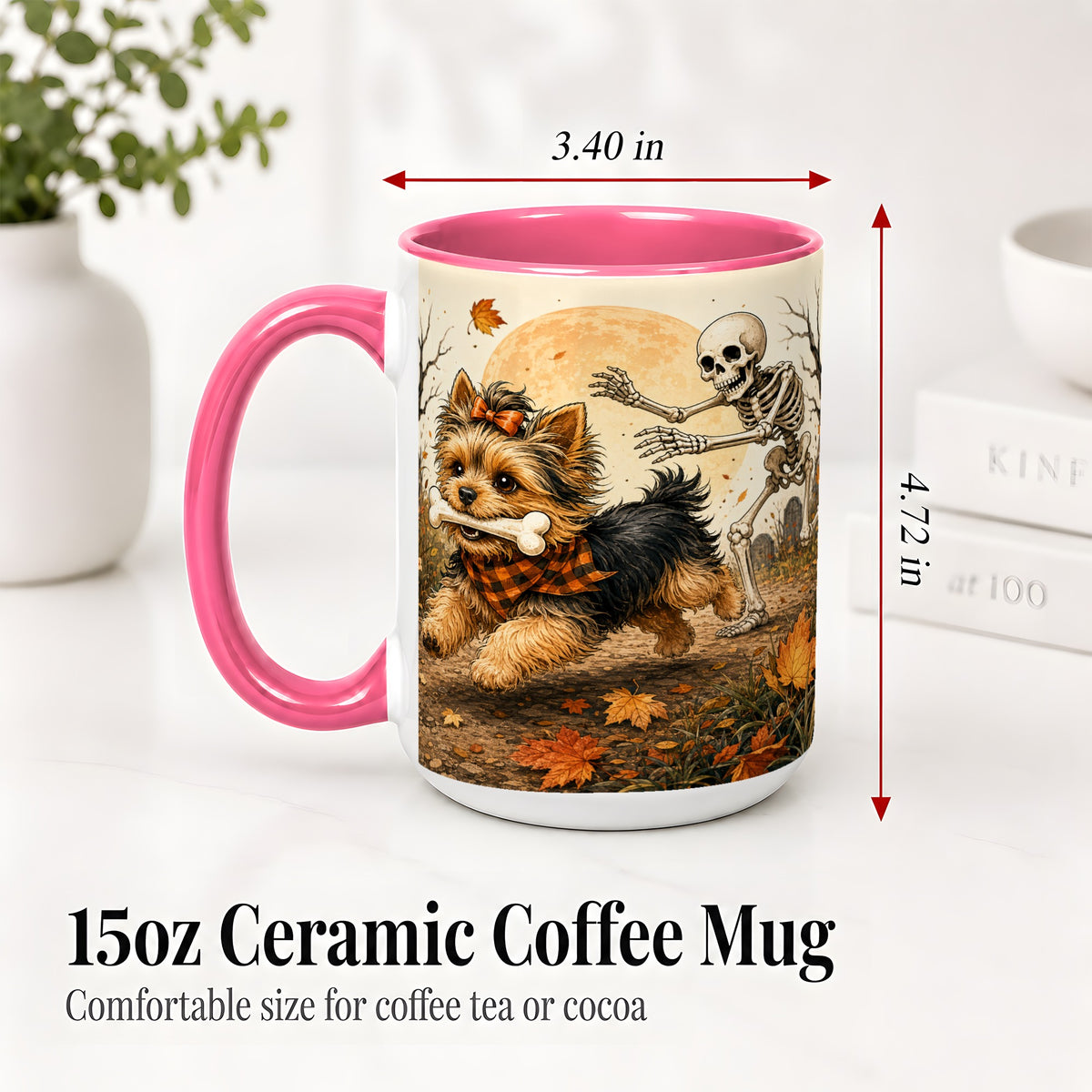 #pl[15oz|Pink] Autumn Moon Yorkie Chase Ceramic Mug, Skeleton Art for Dog Lovers