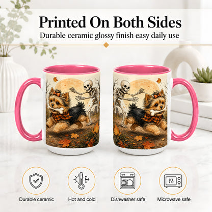 #pl[15oz|Pink] Autumn Moon Yorkie Chase Ceramic Mug, Skeleton Art for Dog Lovers