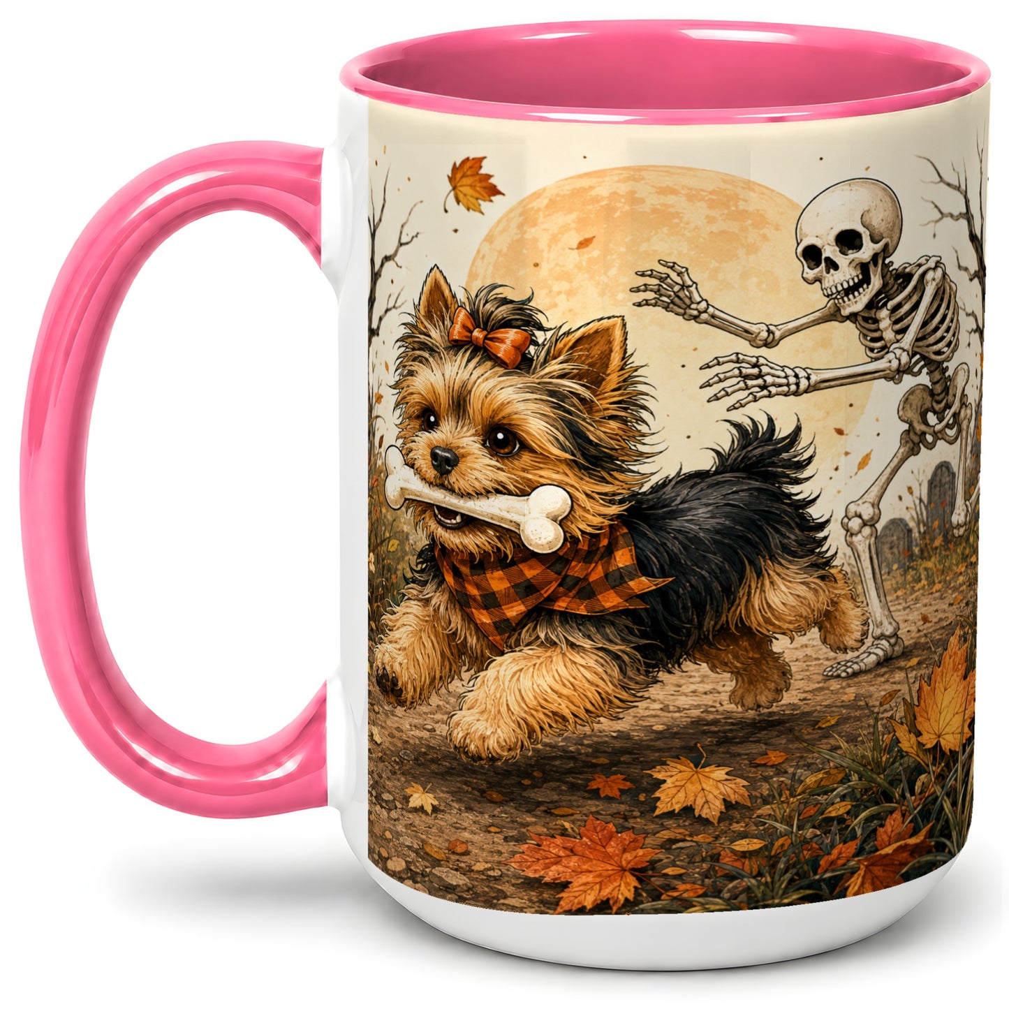#pl[15oz|Pink] Autumn Moon Yorkie Chase Ceramic Mug, Skeleton Art for Dog Lovers