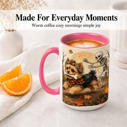 #pl[15oz|Pink] Autumn Moon Yorkie Chase Ceramic Mug, Skeleton Art for Dog Lovers