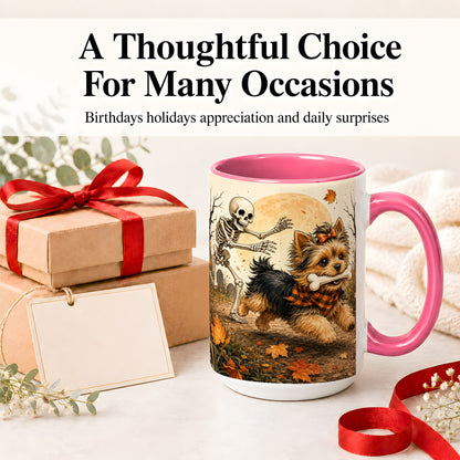 #pl[15oz|Pink] Autumn Moon Yorkie Chase Ceramic Mug, Skeleton Art for Dog Lovers