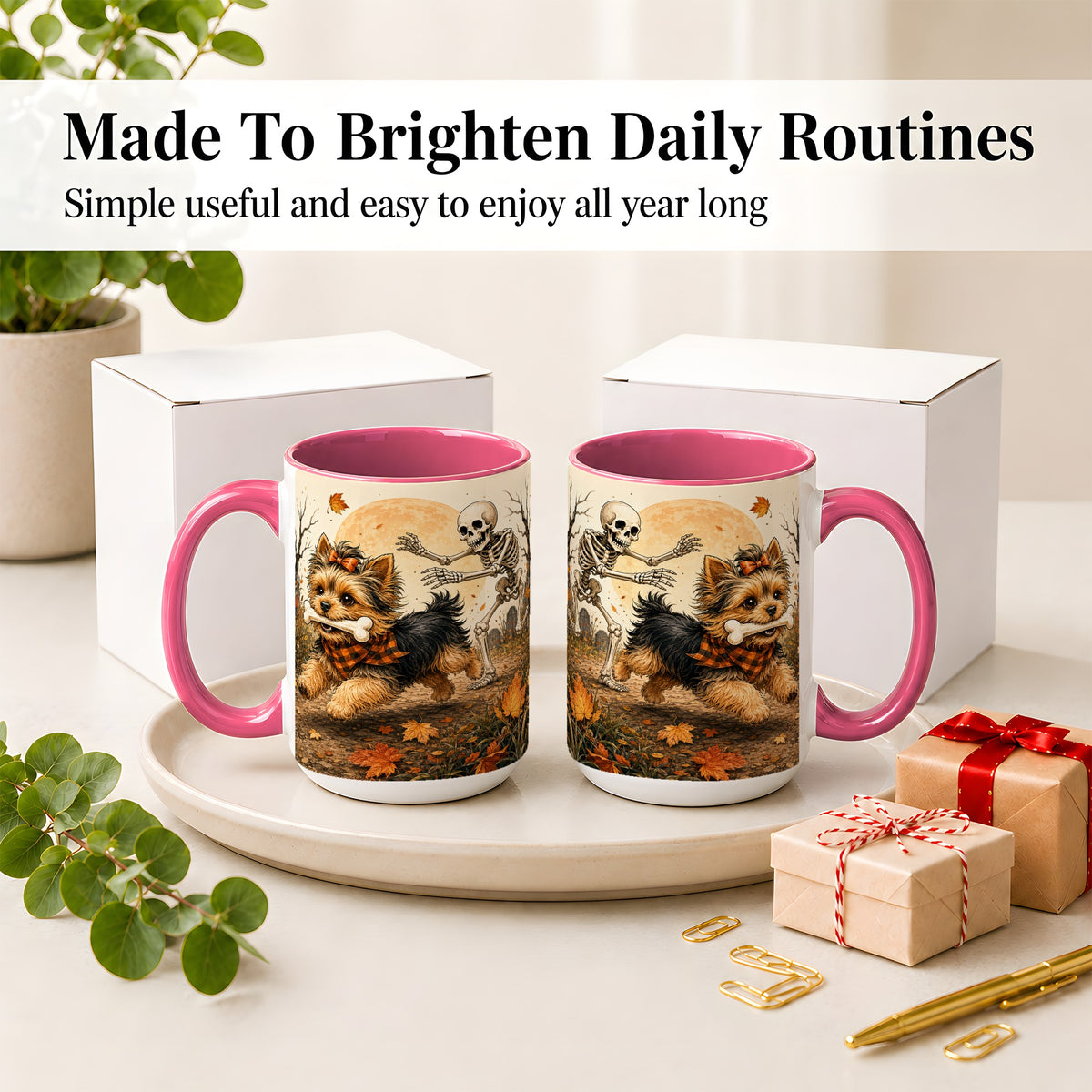 #pl[15oz|Pink] Autumn Moon Yorkie Chase Ceramic Mug, Skeleton Art for Dog Lovers