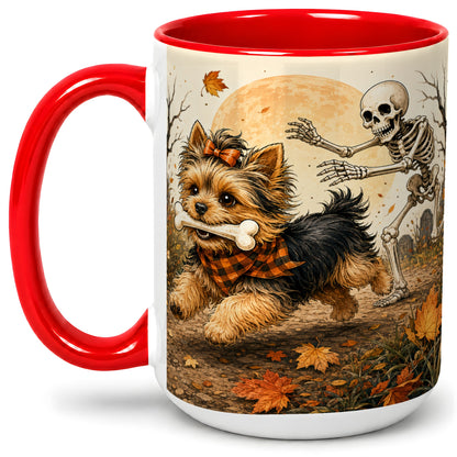 #pl[15oz|Red] Autumn Moon Yorkie Chase Ceramic Mug, Skeleton Art for Dog Lovers