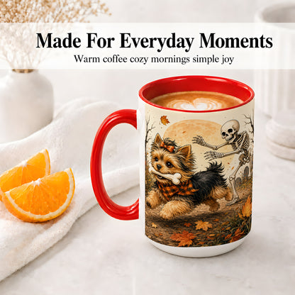 #pl[15oz|Red] Autumn Moon Yorkie Chase Ceramic Mug, Skeleton Art for Dog Lovers