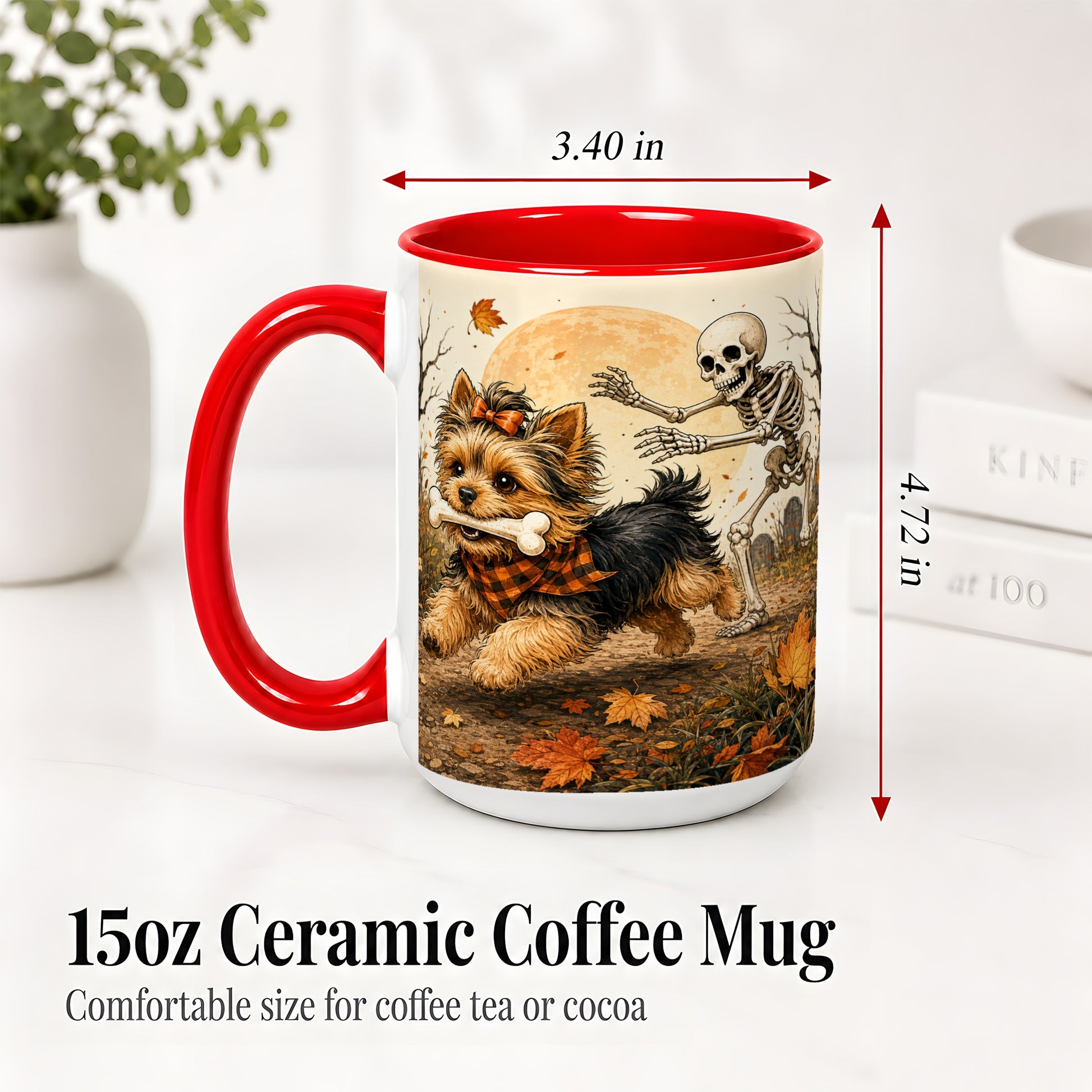 #pl[15oz|Red] Autumn Moon Yorkie Chase Ceramic Mug, Skeleton Art for Dog Lovers