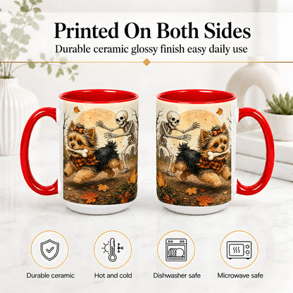 #pl[15oz|Red] Autumn Moon Yorkie Chase Ceramic Mug, Skeleton Art for Dog Lovers