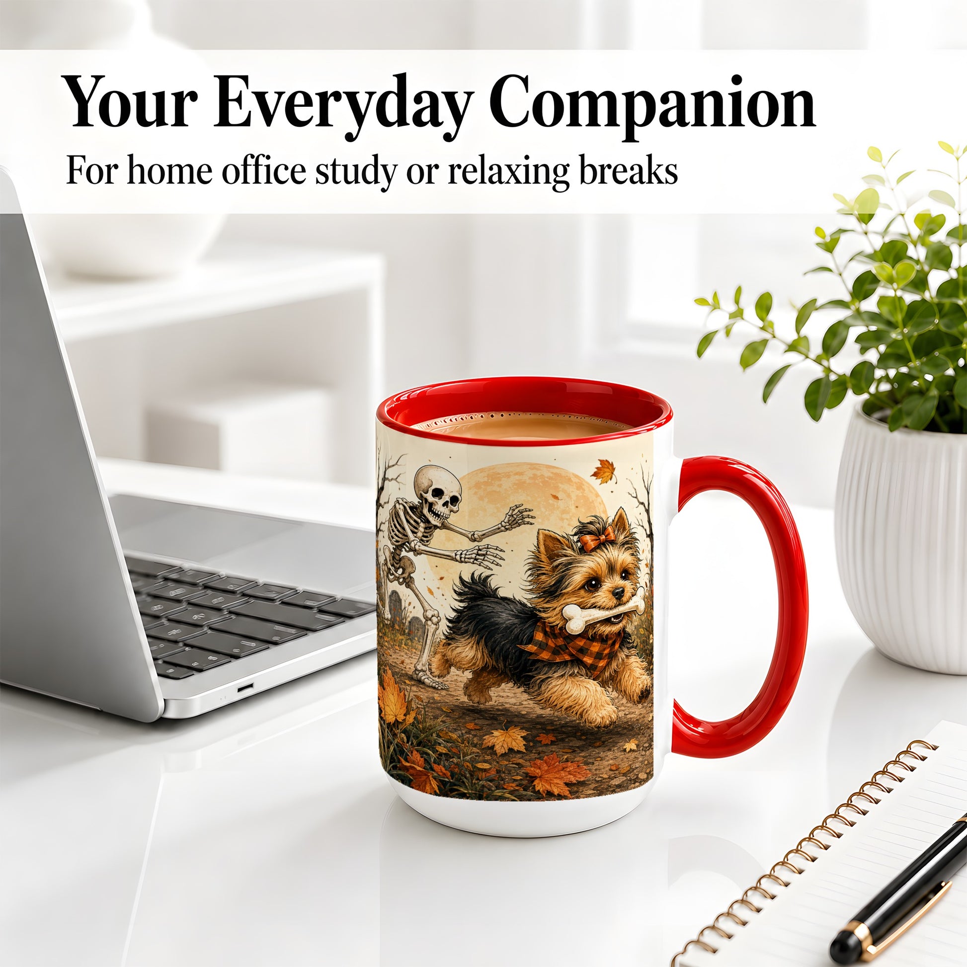 #pl[15oz|Red] Autumn Moon Yorkie Chase Ceramic Mug, Skeleton Art for Dog Lovers
