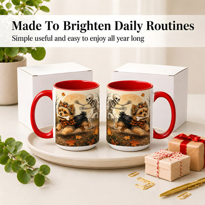 #pl[15oz|Red] Autumn Moon Yorkie Chase Ceramic Mug, Skeleton Art for Dog Lovers