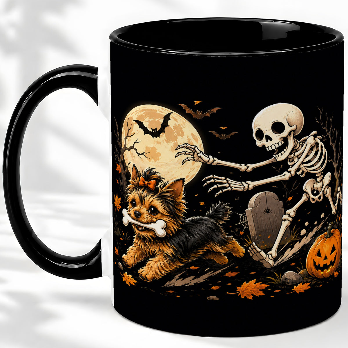 #pl[11oz|Black] Night Graveyard Yorkie Ceramic Mug, Halloween Art for Dog Lovers